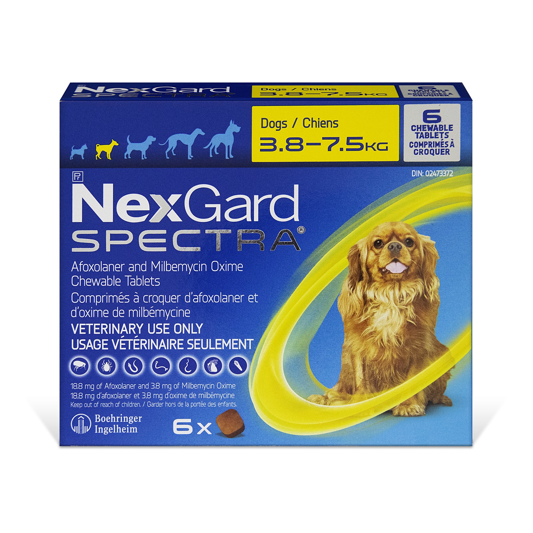 NexGard Spectra chewable tablets for dogs Yellow/Jaune 3.8 - 7.5 kg 6 Chewable Tablets